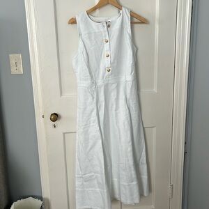 Jcrew linen midi white dress with gold buttons; new with tags